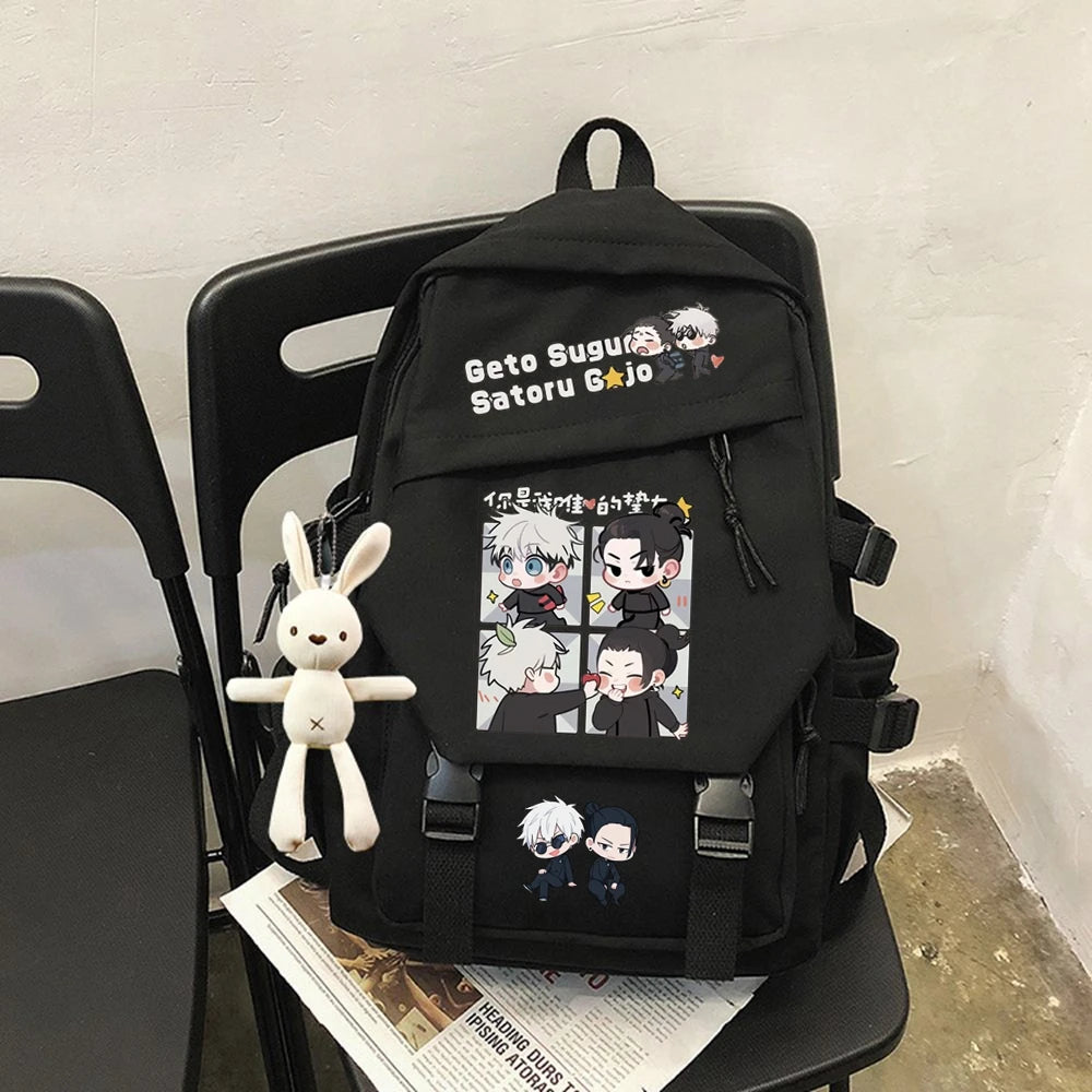 Mochila Gojo Team Chibi + Coelhinho Chaveiro Pelúcia (Brinde)