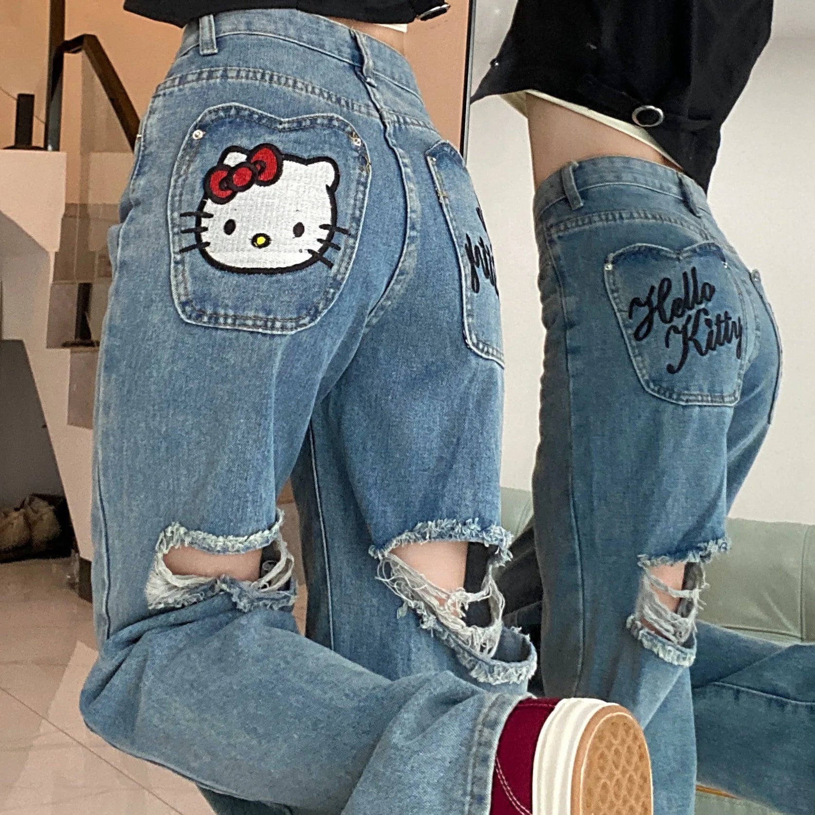 Calça Jeans Hello KittY, Wide Leg Kawaii