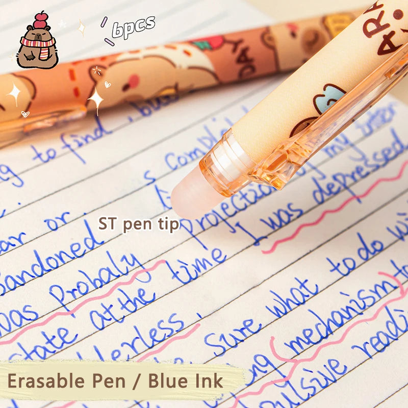 Kit 6pcs de Canetas Capivara Kawaii, Tinta Azul Apagável