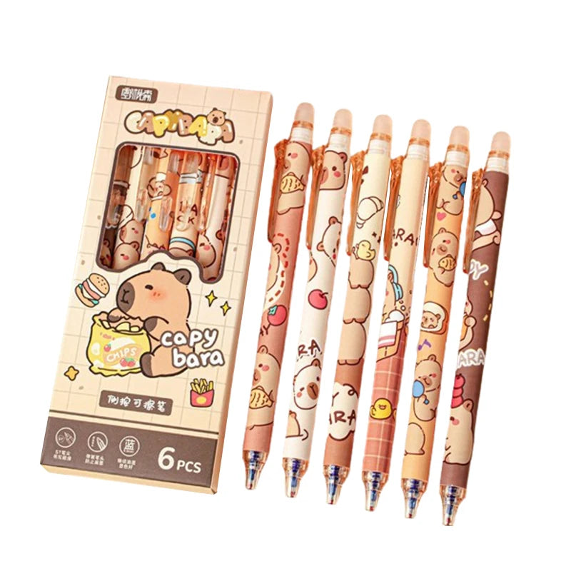 Kit 6pcs de Canetas Capivara Kawaii, Tinta Azul Apagável