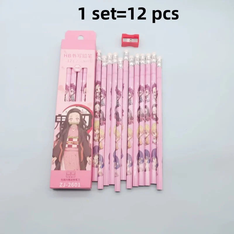 Kit 12un Lápis Demon Slayer, Borracha + Apontador
