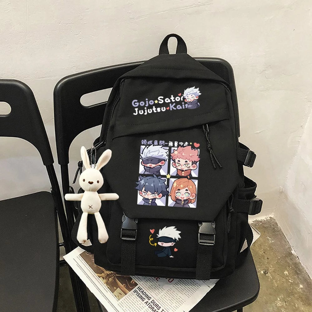 Mochila Gojo Team Chibi + Coelhinho Chaveiro Pelúcia (Brinde)