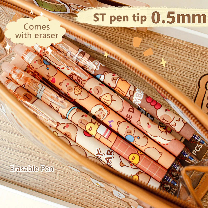 Kit 6pcs de Canetas Capivara Kawaii, Tinta Azul Apagável